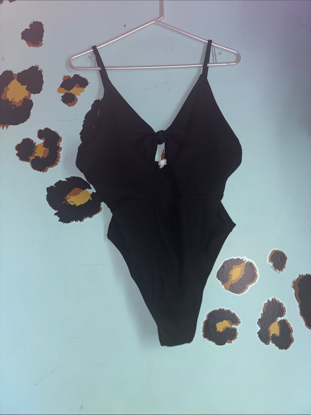 XL Black Ribbed One-Piece Swimsuit with Front Knot